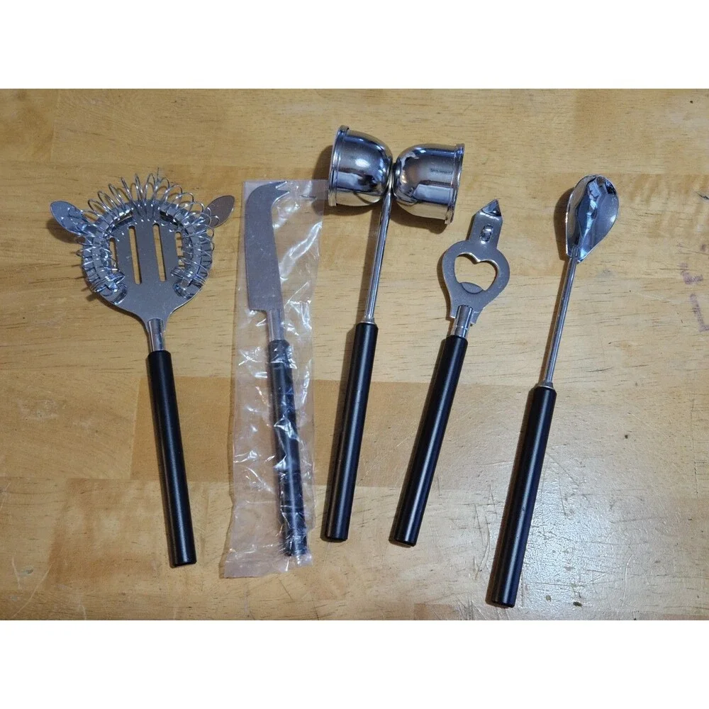 Vintage MCM Bar Tool Set Of 5 Pieces On Green Marble Stand